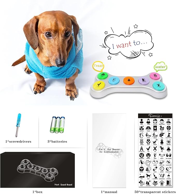 Dog Buttons for Communication, 7pcs Recordable Talking Buttons Set with Scene Stickers, Pet Training Buttons for Puppy Small Dogs & Cats Black Color (Battery Included)
