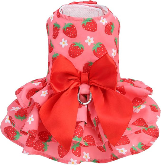 PUPTECK Cute Dog Dress with Bowknot and Leash Ring, Soft Breathable Dog Clothes Puppy Princess Girl Outfit, Pet Apparel Costume for Small Medium Sized Dogs, Pink Strawberry XS