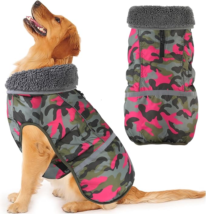 Dogcheer Warm Dog Coat, Waterproof Dog Jacket Reflective Adjustable Puppy Winter Coat with Buckle, Christmas Pet Snow Jacket Turtleneck Fleece Sweater for Small Medium Large Dogs - Camo Pink, XL
