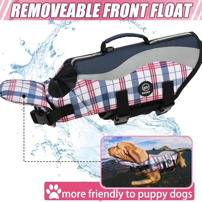 EMUST Dog Life Vests, Adjustable Life Jackets for Boat with Front Float, High Visibility Swim Vests for Dogs, Medium Dog Water Vest Safety Swimsuit, Navy Check, M