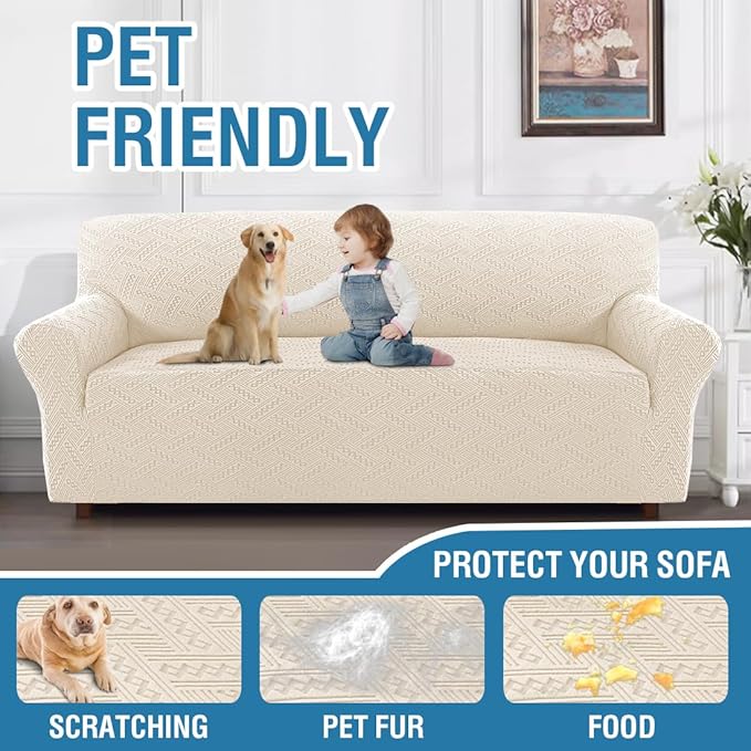 H.VERSAILTEX Jacquard Couch Covers for 3 Cushion Couch 1 Piece Stretch Sofa Covers Furniture Protector Anti-Slip Soft Thickened Dogs Slipcovers Washable Wind Bell Pattern(Sofa, Ivory)