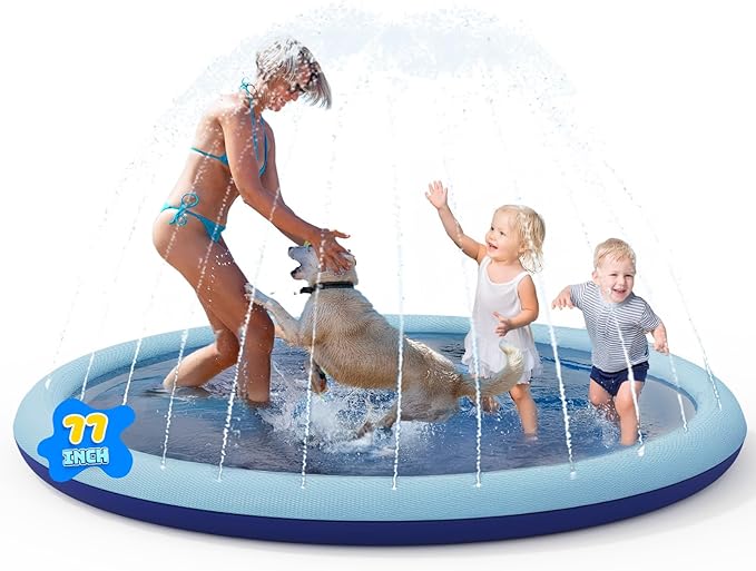 COMMOUDS Splash Pad for Kids and Dogs, Non-Slip Sprinkler Pad Thicken Pool Summer Outdoor Water Toys, Backyard Fountain Play Mat for Baby Toddlers Boys Girls Pet(77Inch)