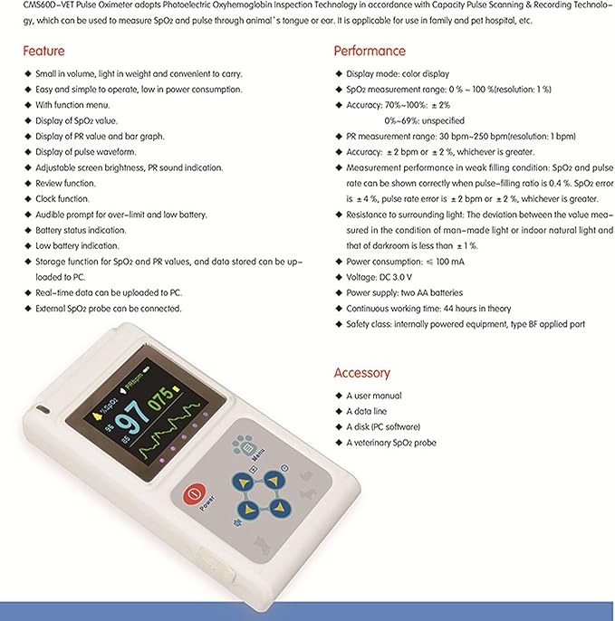 Handheld Veterinary Pulse Oximeter - Rechargeable Pet Health Monitor with Ear/Tongue Sensor, Digital Pulse Rate Meter for Dogs, Cats & Animals, Easy to Use and Accurate Monitor