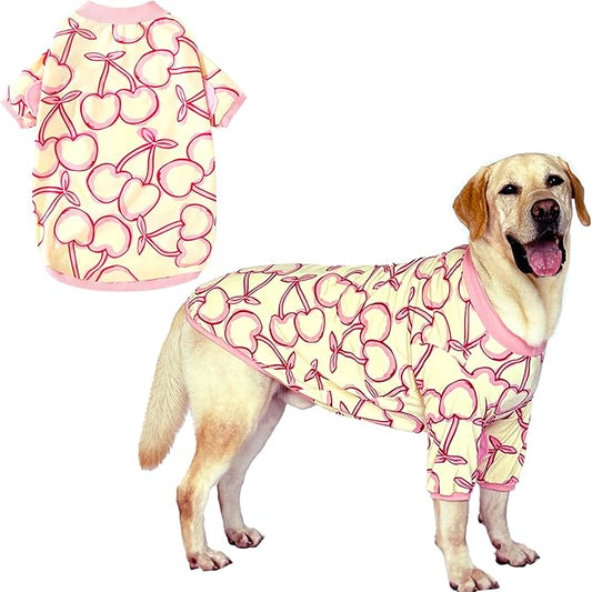 Dog Cherry T Shirts Pink Long Sleeve White Shirt Pajamas Pets Soft Cotton Apparel Clothes for Large Dogs, L Cherry