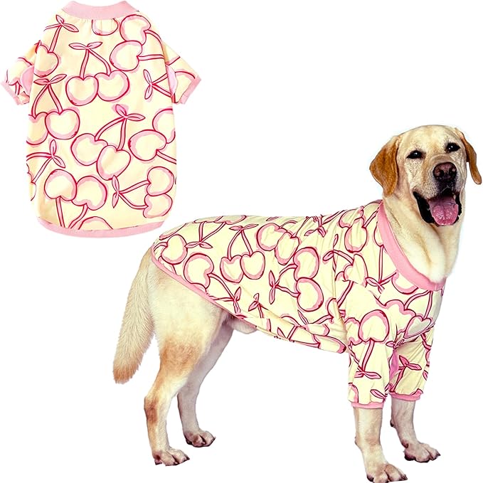 Dog Cherry T Shirts Pink Long Sleeve White Shirt Pajamas Pets Soft Cotton Apparel Clothes for Extra Large Dogs, 2XL Cherry