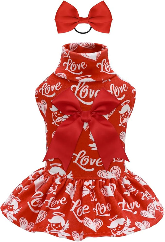 CuteBone Turtleneck Dog Velvet Dress Valentine's Day Puppy Skirt Costume Pet Clothes Cat Apparel with Bow Hair Rope for Small Dogs CVD19M