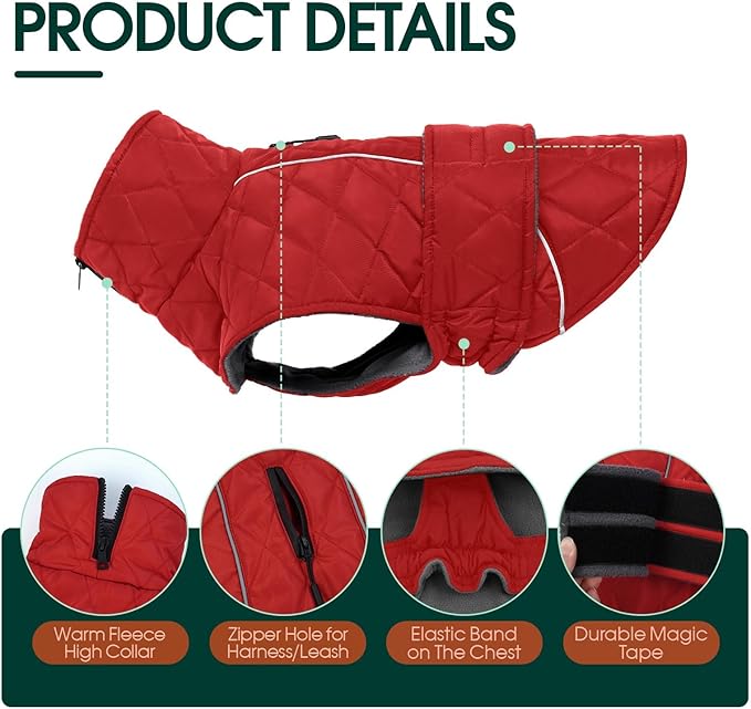 Kuoser Dog Coat, Super-Warm Dog Jacket Windproof Pet Cold Weather Coats for Extra Large Dogs, Fleece Lining Quilted Turtleneck Puppy Snowsuit Reflective Adjustable Doggie Winter Clothes, Red, 3XL