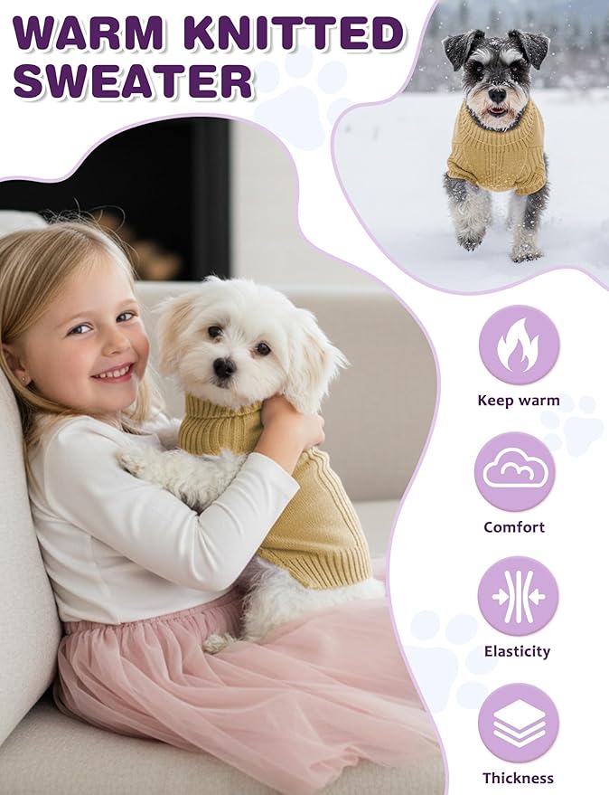 Dog Sweaters for Small Medium Large Dog, Classic Turtleneck Pet Clothes Warm Thermal Doggy Winter Coat, Thick Double Knitting Collar Pullover Cold Weather Puppy Jacket(Khaki,XL)