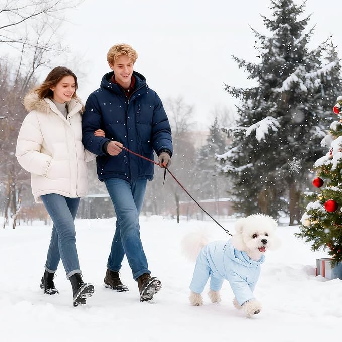 White Duck Down Dog Coat - 4-Leg Coverage, Waterproof Windproof Warm Winter Snowsuit, Cotton Anti-Static Lining, Built-in Harness Hole for Small/Medium Dogs,Size 15(XL) Sky Blue