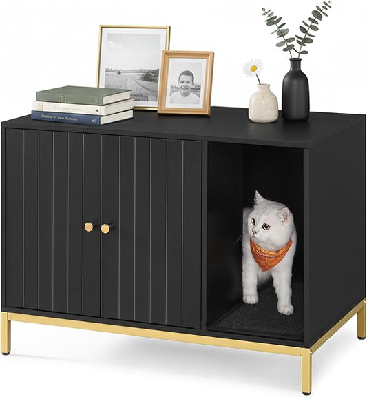 Feandrea Cat Litter Box Enclosure, Hidden Litter Box Furniture with Scratch Pad, Front Entry, Double Cabinet Doors, Modern Style, 31.5" Cat House Washroom Side End Table, Black and Gold