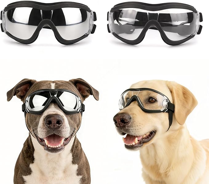 NAMSAN 2 Pair of Dog Goggles, Clear/Black, UV Protection Dog Sunglasses for Medium to Large Dogs, Windproof Driving Dog Eye Protection, Dog Glasses with Elastic Straps, Adjustable