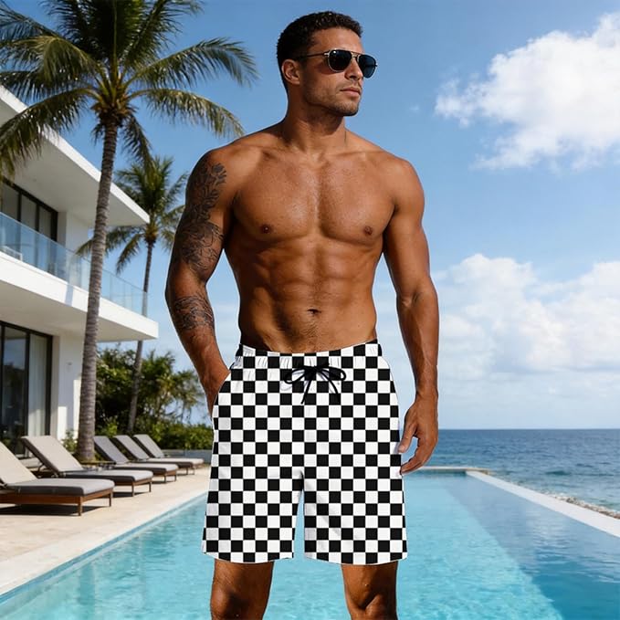 Mens Swim Trunks with Compression Liner Quick Dry Zipper Pocket Bathing