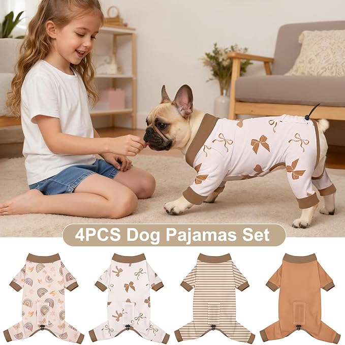 Bienbee Dog Pajamas, 4 Pack Dog Recovery Suit Shedding Suit Cute Soft Puppy Clothes Dogs Pjs Onesies Jammies Adjustable Breathable & Stretchy Clothes for Small Medium Large Dogs Girl Boy Puppy-L
