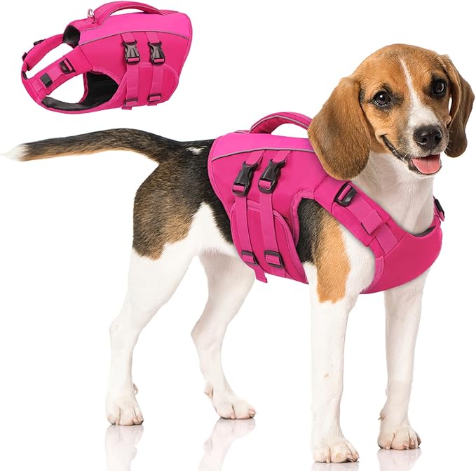 Queenmore Dog Life Jacket, Adjustable Ripstop Dog Life Vest for Swimming Boating, Pet Lifesaver with Superior Buoyancy and Rescue Handle, Pet Swimming Safety Vest(Rosered,L)