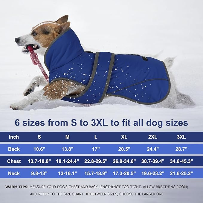 Dogcheer Dog Coat, Waterproof Dog Jacket Reflective Pet Winter Coat with Adjustable Hook & Loop, Christmas Puppy Fleece Jacket Warm Turtleneck Snowsuit for Small Medium Large Dogs - Blue, L