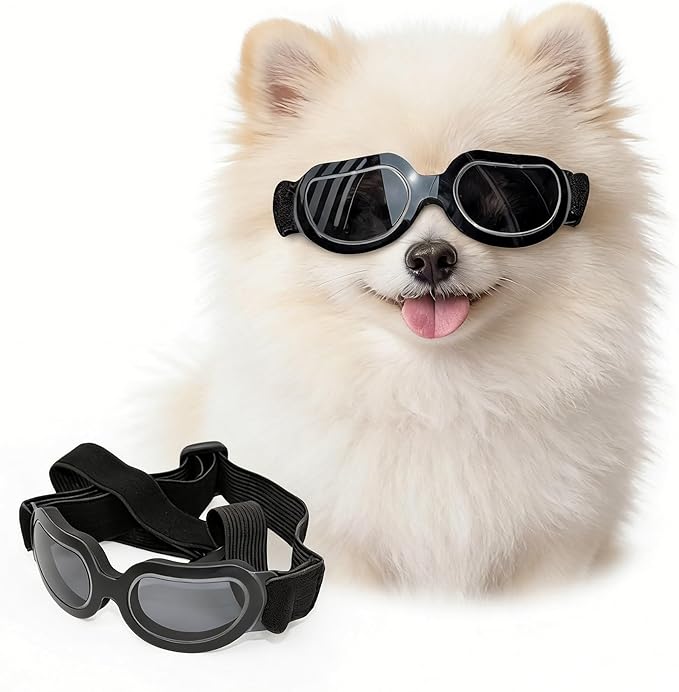ENJOYING Dog Sunglasses Small Breed, Anti-UV Puppy Goggles for Small Dogs, Windproof Outdoor Dog Eye Protection for Driving Biking, Adjustable Head Straps, Cool Black
