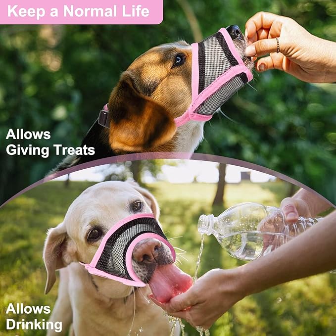 LUCKYPAW Dog Muzzle, Mesh Muzzle for Small Medium Dogs, Soft Mouth Cover to Prevent Biting Chewing, Drinkable Breathable Adjustable Puppy Mouth Guard(Pink, S)