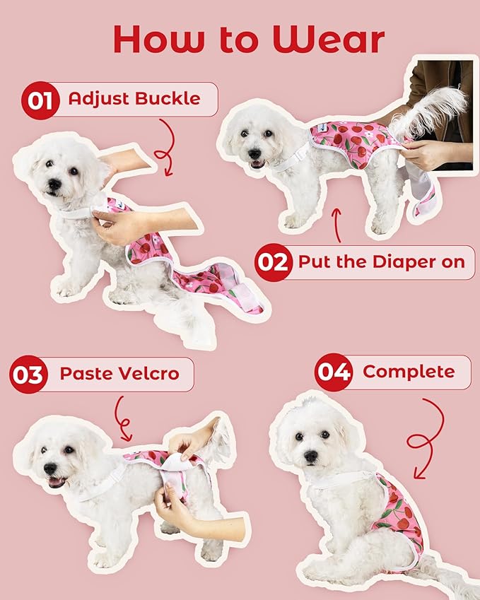 Pet Soft Dog Diapers Female Onesie Sanitary Pantie with Adjustable Suspender, Colorful Pattern Washable Puppy Diapers Female, Super Absorbent Underwear Dog Diaper for Heat (Fruit, L)