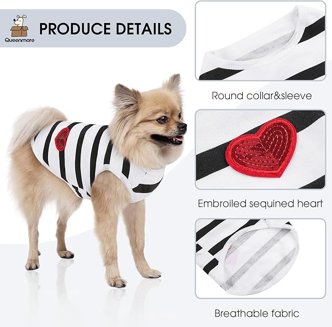 Queenmore Dog Cotton Shirt, Striped Dog T-Shirt, Long Sleeve Puppy Clothes for Small Medium Dogs Cats, Dog Outfits for Frenchie, Dachshund, Yorkie