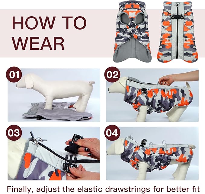 Dog Winter Coat - Large, Warm Dog Coat - Zip Up Snowsuit - Reflective, Water-Resistant - Orange-Camouflage