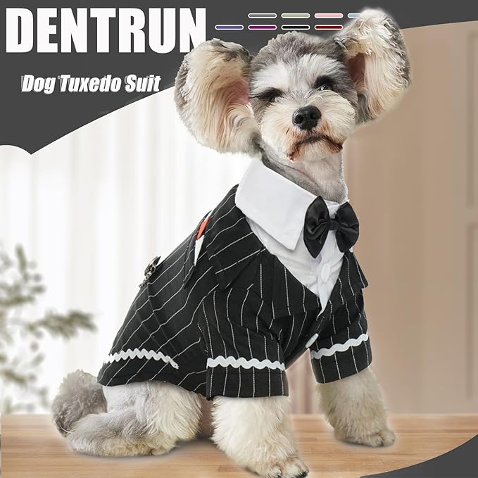 DENTRUN Dog Tuxedo Suit with Bow Tie - Formal Black & White Striped Pet Costume Shirt, Elegant Wedding Outfit Birthday Party Attire for Chihuahua Yorkie Shih Tzu Pomeranian Small Dogs, S
