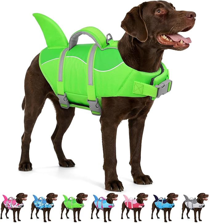 AOFITEE Dog Life Jacket, Dog Life Vest for Swimming, High Flotation Large Dogs Swim Vest with Rescue Handle, Reflective Dogs Lifesaver Swimsuit for Boating Summer Pool Beach, Green Shark XL