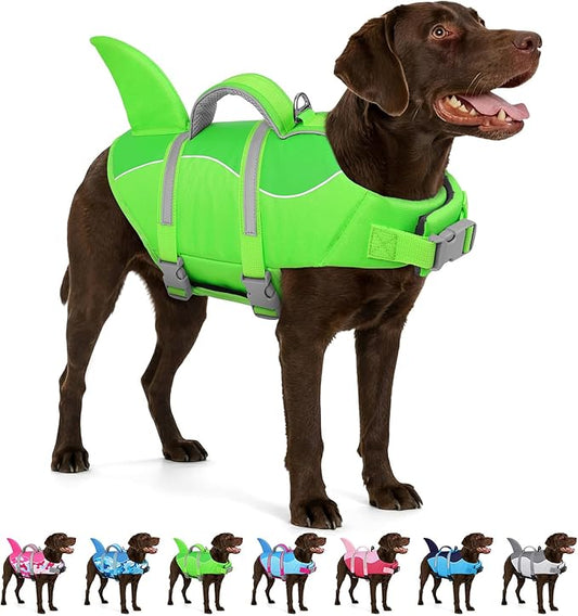 AOFITEE Dog Life Jacket Large, Shark Dog Life Vest for Swimming Boating, High Flotation Reflective Dogs Swimming Vest Lifesaver with Rescue Handle, Pet Swimsuit for Small Medium Large Dogs, L
