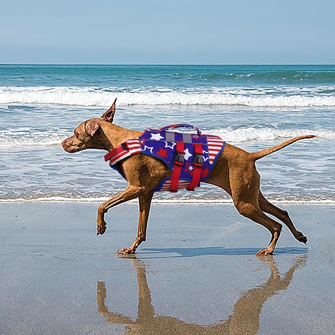 Kuoser Medium Dog Life Jacket, High Flotation Dog Life Vest for Swimming Boating, Reflective Dog Swimming Vest for Medium Dogs Pet Life Preserver with Rescue Handle, Flag M