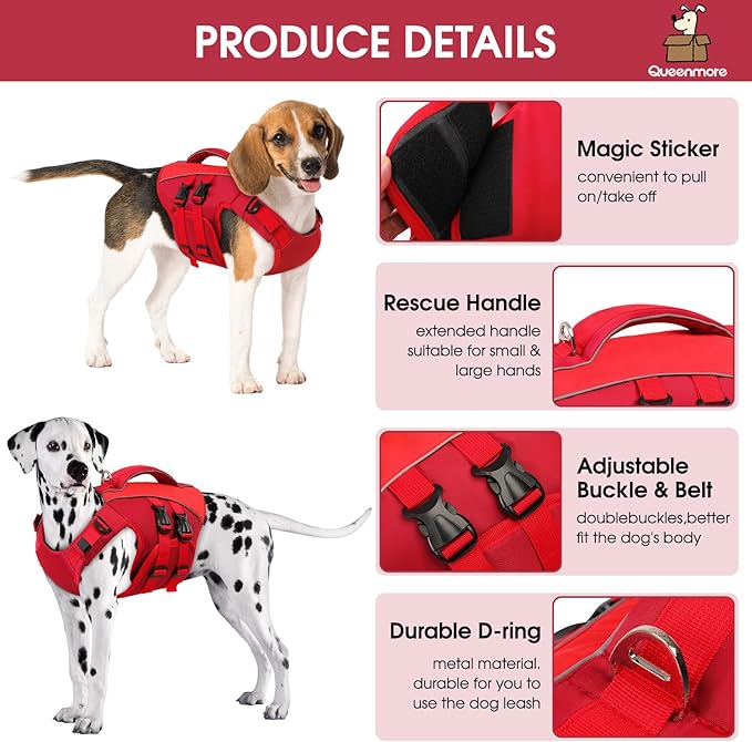 Queenmore Dog Life Jacket,Life Vest for Extra Large Dogs,Adjustable Reflective Dog Swimming Vest,Superior Buoyancy Dog Lifesaver,High Floating Pet Life Vest for Swimming(Red,2XL)