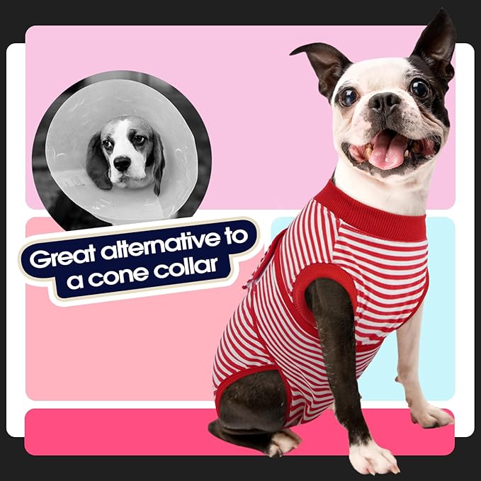 FUAMEY Dog Recovery Suit Male,Dogs Surgery Neuter Suits Puppy Spay Shirts for Female Protect Dog's Skin Anti Licking Abdominal Wounds Doggie Onesie Pet Bodysuit Alternative to Cone Red Stripes XXL