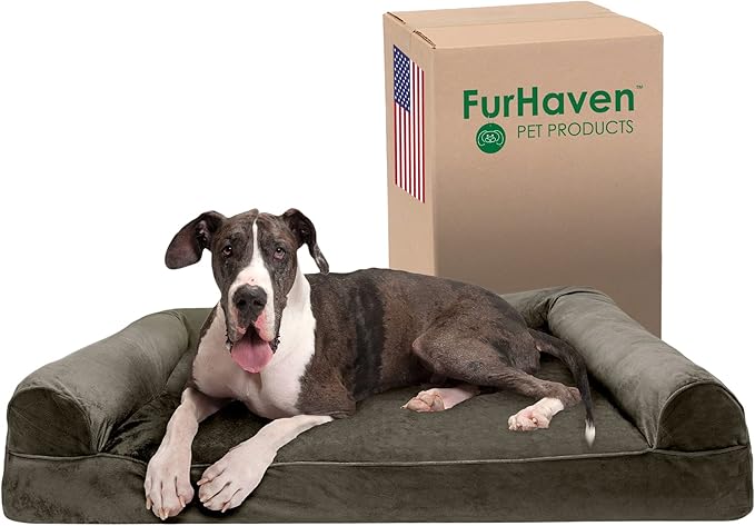 Furhaven Memory Foam Dog Bed for Large Dogs w/ Removable Bolsters & Washable Cover, For Dogs Up to 125 lbs - Faux Fur & Velvet Sofa - Dark Sage, Jumbo Plus/XXL
