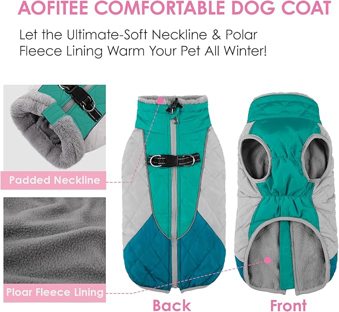 AOFITEE Dog Coat, Dog Winter Coat, Reflective Small Dogs Jacket with Harness Built in and Fleece Lined, Waterproof Pet Winter Jacket Warm Snowsuit for Small Medium Large Dogs, Green S