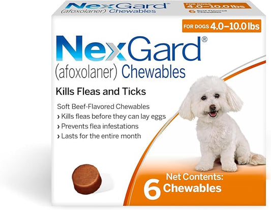 NexGard® (afoxolaner) Flea and Tick Protection for Dogs Oral Soft Beef Flavored Chewables, 4 to 10 lbs. (Orange Box) 6 Chews (6 Month Supply)