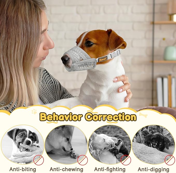 Mayerzon Dog Muzzle for Biting, Patented Soft Breathable Mesh Muzzle for Small Medium Dogs Chihuahua Dachshund Poodle, Adjustable Mouth Cover for Grooming, Chewing, Vet Visits (Dark Grey, S)