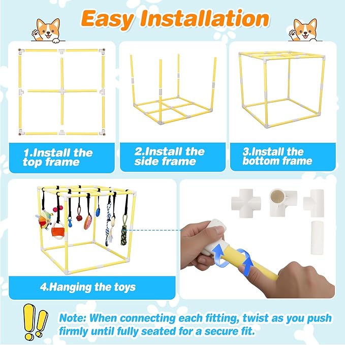 Puppy Play Gym with 17 Hanging Toys, Small Dogs Interactive Indoor Jungle Gym for Puppies, Dog Enrichment Activity Center, Adjustable PVC Frame with Straps, Teething & Squeaky Toys, Yellow