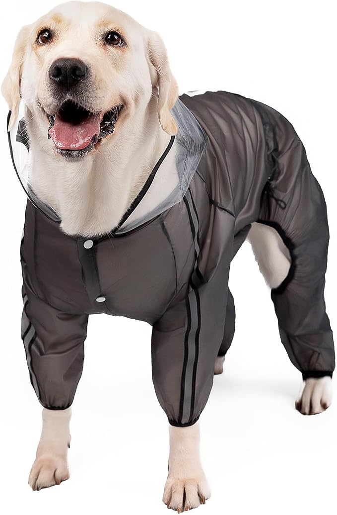 Olsa Dog Raincoat, Dog Hooded Slicker Poncho, 4 Legs Rain Jacket with Reflective Stripe, Transparent Water Proof Resistant Rain Snow Clothes for Small Medium Large (Black, 3XL)