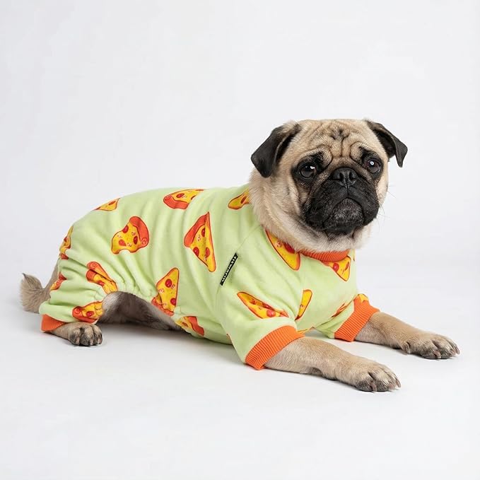 Fitwarm Pizza Dog Fleece Pajamas, Funny Cozy Clothes for Small Dogs Boy Girl, Soft Pet Onesie, Light Green, Orange, XXL