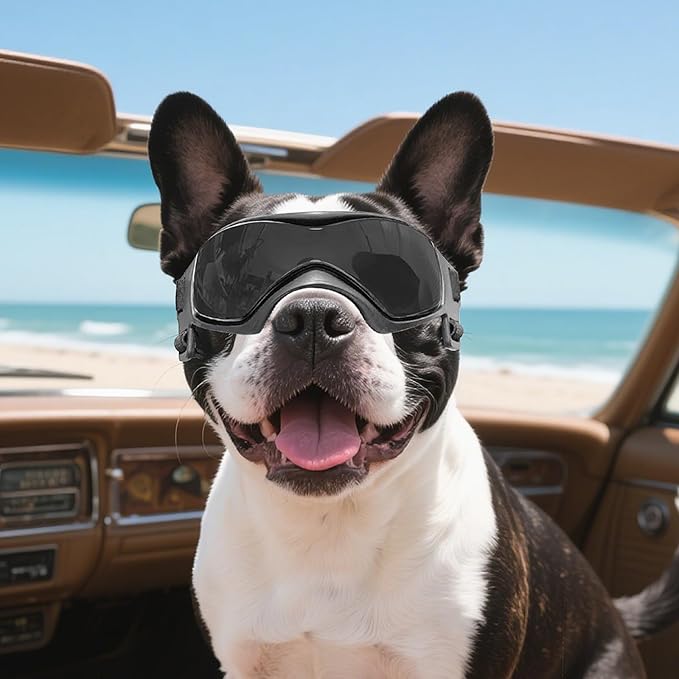 Enjoying Dog Sunglasses Medium Breed, Dog Goggles UV Protection, Cycling Eye Protection for Medium-Small Dogs, Outdoors Breathable Windproof Dustproof Anti-Fog, Adjustable Straps, Cool Black