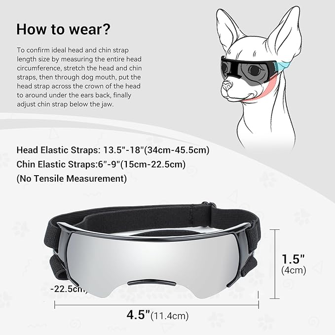 ENJOYING Dog Sunglasses Small Breed, Anti-UV Puppy Goggles for Small Dogs, Windproof Outdoor Dog Eye Protection for Driving Biking, Adjustable Head Straps, Cute Silver