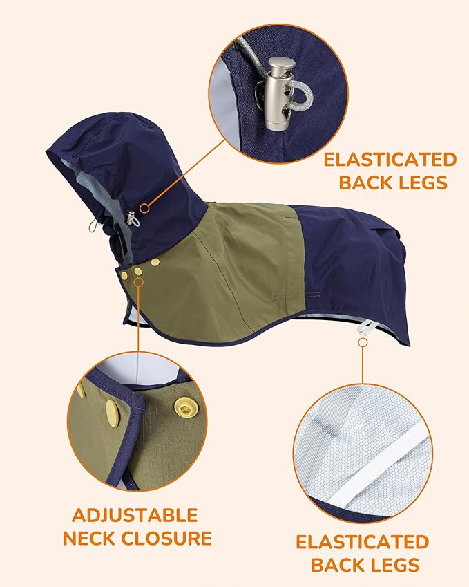 Waterproof Dog Raincoat with Hood, Extended Coverage Rain Jacket for Large Dogs, Wind-Resistant Secure Fit with Leg Straps, Reflective, Leash Hole, Easy Hook & Loop Fastener On/Off, Blue, XL