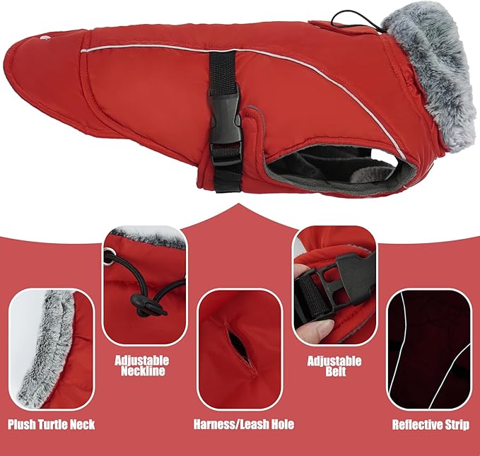 DENTRUN Winter Warm Dog Coat Reflective Jacket with Turtleneck for Cold Weather, Adjustable Buckle Windproof Water Repellent, Thick Snowsuit Fleece Vest for Small, Medium, Large Dogs, Red, XXL