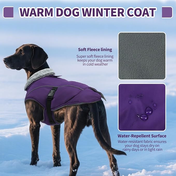 DENTRUN Winter Warm Dog Coat Reflective Jacket with Turtleneck for Cold Weather, Adjustable Buckle Windproof Water Repellent, Thick Snowsuit Fleece Vest for Small, Medium, Large Dogs, Purple, XXL