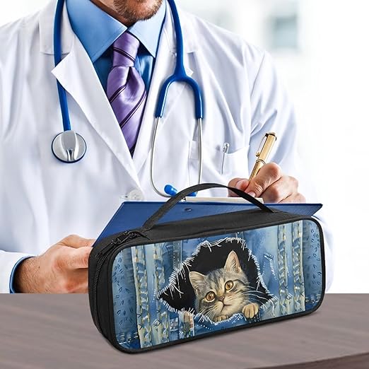 Gomyblomy Cute Stethoscope Case with Extra Pocket for Nurse Accessories, Denim Cat Print Protective Stethoscope Holder Storage Bag Fit for Classic III, Lightweight II S.E and More