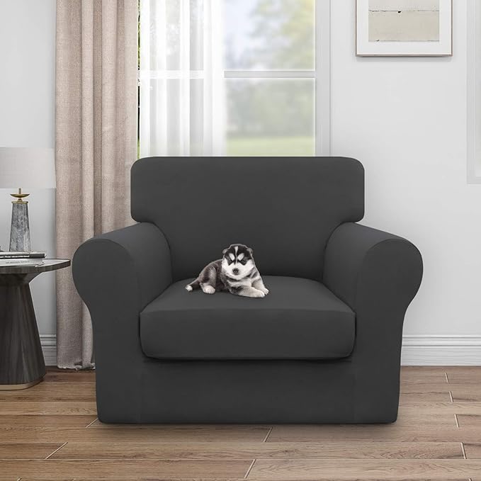 Easy-Going 100% Dual Waterproof 2 Pieces Chair Cover Stretch Soft Couch Cover for Dogs, Sofa Slipcover for 1 Separate Cushion Couch Leakproof Furniture Protector for Kids, Pets Dark Gray