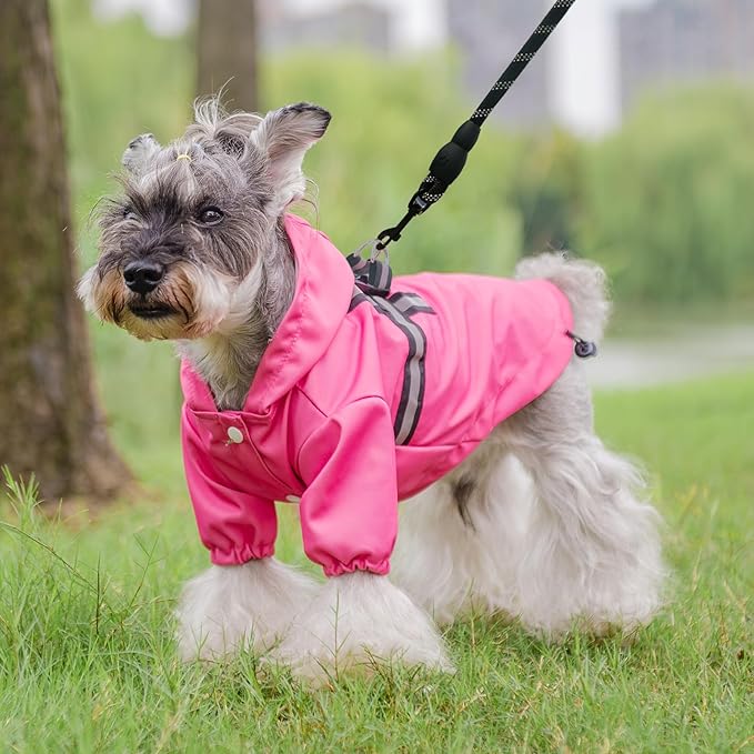 PUPTECK Dog Raincoat with Hood & Harness Built-in, Waterproof Dog Rain Jacket Slicker Poncho Reflective Vest Clothes for Rainy Snowy Winter Cold Days, Fuschia S
