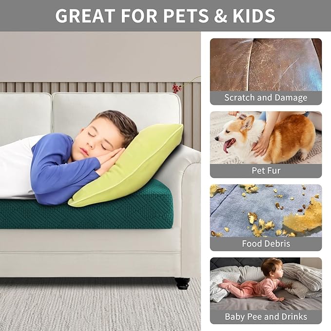 Easy-Going Waterproof Couch Cushion Covers for Couches and Sofas, Stretch Jacquard Sofa Seat Cover Replacement for Dogs, Pets & Kids, Durable Furniture Protector for Loveseat Cushions, Emerrald Green