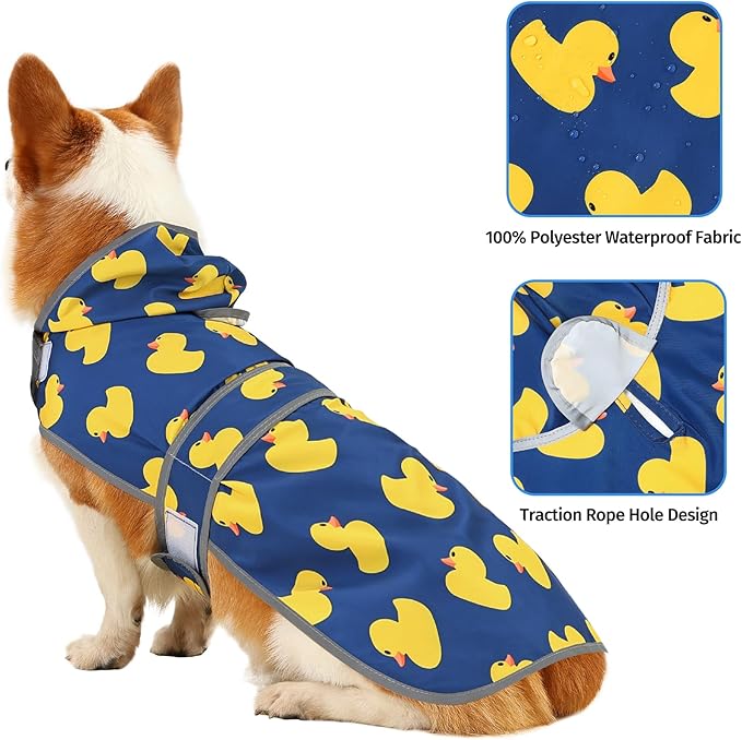 Dog Raincoat for Large Dogs Waterproof Jacket Hooded Rain Coats with Reflective Strips Leash Hole & Poncho Adjustable Fit (Duck,L)