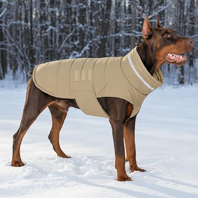Mklhgty Waterproof Dog Coat for Small Dogs, Warm Dog Winter Jacket, Reflective Windproof Turtleneck Dog Cold Weather Coats with Adjustable Hook & Loop - Khaki - S