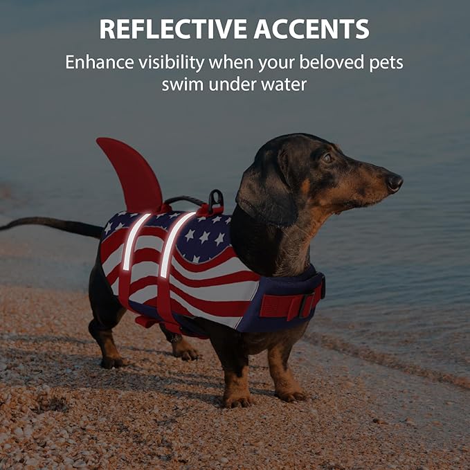 Queenmore Shark Dog Life Vest for Swimming, Pet Life Vests for Boating, High Buoyant DogLife Jacket, Ripstop High Flotation Swimsui for Small, Medium, Large Dogs (USA Flag,L)