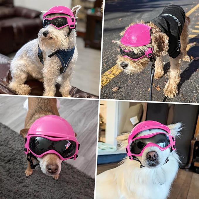 Lesypet Dog Goggles with Helmet for Small Dogs, Anti-UV Wind Protection Pet Sunglasses and Helmet Set Ear Hole Adjustable Strap Outdoor Walking Motorcycling Driving, Pink